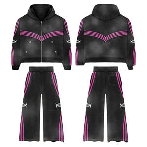 ชุดเซ็ตเสื้อฮู้ดดี้และกางเกงวอร์มสตรีทแวร์คุณภาพสูง ปี 2025 ผ้าฝ้าย 100% สไตล์วินเทจ ซิปแบบคลาสสิก กางเกงทรงขาบานแบบสเวตแพนท์ ลวดลายฟอกสีแบบแอซิดวอช - Product Image 1