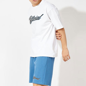 Ensemble décontracté d'été pour homme : T-shirt blanc en coton et short bleu, respirant, tricoté, avec logo imprimé sur le devant - Product Image 4