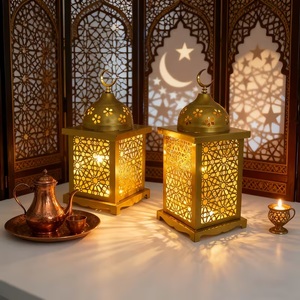 Gold Metal Moroccan <b>Candle</b> <b>Lantern</b> with Crescent Top Intricate Cutwork Warm Glow Perfect for Ramadan Home Decor - Product Image 2