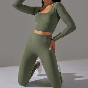 Ensemble de leggings de sport pour femmes de haute qualité personnalisé avec un matériau respirant en élasthanne/coton, tenue de mode complète - Product Image 5