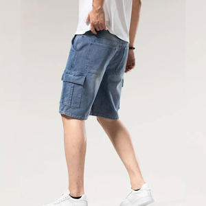 Pantalones Cortos Cargo Casuales Multibolsillos para Hombre, de Mezclilla Azul Claro, Ajuste Relajado, Algodón Lavado a la Piedra, Cintura Alta, Cierre de Botones, Pierna Recta hasta la Rodilla - Product Image 4