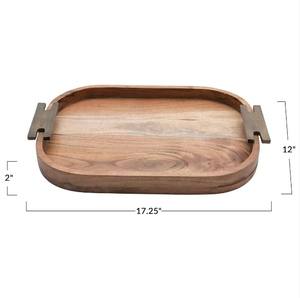 Bandeja para servir de forma ovalada de madera de acacia maciza con acabado de madera Natural de excelente calidad con asas de Metal para servir y usar en decoración - Product Image 4