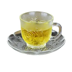 玻璃茶杯和茶碟雕刻花磨砂工艺咖啡拿铁套装中国玻璃器皿制造商
