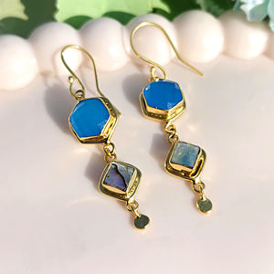 Pendientes de Moda Más Vendidos, Calcedonia Azul con Concha de Abulón, Pendientes Colgantes, Chapados en Oro de 18k, Hechos a Mano, con Gancho de Piedras Preciosas - Product Image 5