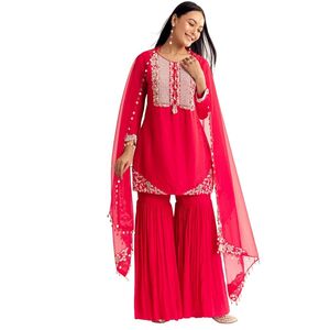 Abito rosso Moti Threadwork Dola Sharara in seta con Organza Dupatta per feste matrimonio indiano e abbigliamento tradizionale - Product Image 2