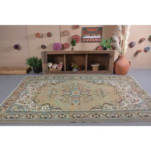 พรมตุรกีโบราณคลาสสิกขนแกะสีเบจสีเขียว5.7 X 9.3ft สี่เหลี่ยมผืนใหญ่งานปะต่อแบบแอบสแตรกสำหรับห้องโถงห้องพรมลาเท็กซ์ - Product Image 1