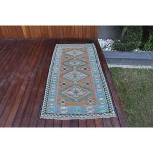 พรมวินเทจตุรกี ขนาด 2.9x6.1 ฟุต (89x187 ซม.) พรมขนสัตว์สีน้ำเงิน - Product Image 1