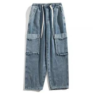 กระดุมผ้าฝ้ายระบายอากาศได้ดีสำหรับผู้ชายกางเกงยีนส์ซักได้100% ขอบหลวมสีฟ้าปานกลางสำหรับทุกฤดูกาลออกแบบได้ตามต้องการ - Product Image 1