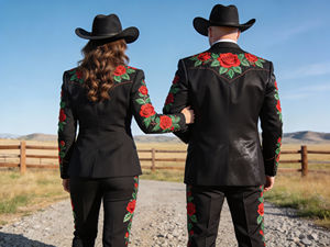 Ensemble de costume occidental brodé marron rouille pour hommes et femmes, blazer et pantalon de cow-boy - Product Image 4