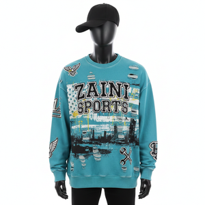 Sweat-shirts de style décontracté de base en molleton de coton de qualité supérieure 320 GSM, couleur sarcelle, imprimé délavé, broderie, logo personnalisé, style streetwear - Product Image 1