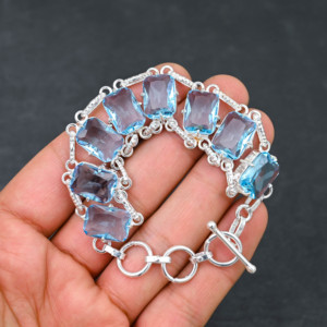Designer Handmade 925 Silver Plated <b>Chain</b> Bracelet Lab-Created Blue Topaz Gemstone IGI Certified Luxury Fine Wedding Party - Product Image 5