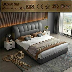 Cadre de lit king-size avec tête de lit mince et peu encombrante, en cuir Nappa crème, lit plateforme à profil bas pour petits espaces - Product Image 1