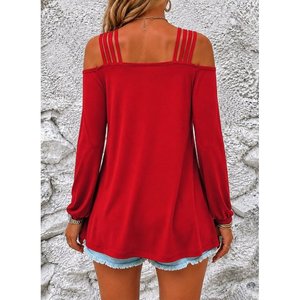 Women'<b>s</b> Long-Sleeved Viscose <b>Blouse</b> with Off-Shoulder Stripe Detail, 38163 - Red - Product Image 3