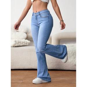 Jean évasé rétro tendance pour femme, bleu glace, en denim délavé, taille haute, coupe évasée, extensible, style streetwear, tailles 26-40 - Product Image 4