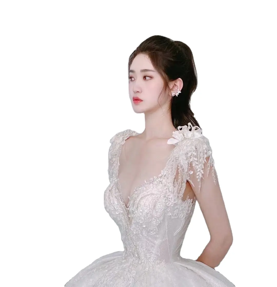 Best White Wedding Dress Crystal Beads Bridal Prom Dress Luxury Short Sleeve Women's Wedding Dress