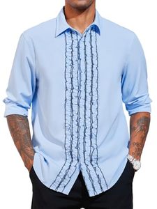 Chemise décontractée à manches longues pour <span class=keywords><strong>homme</strong></span>, style rétro médiéval des années 80, chemise hawaïenne à rayures avec revers, haut imprimé tendance à boutons - Product Image 1