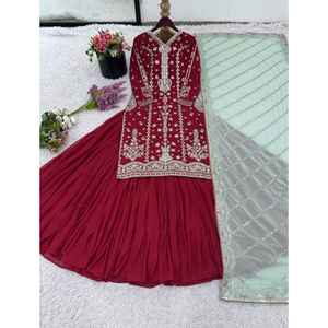 Lancement de nouveaux vêtements de soirée de créateur Look Fancy Style Top Lehenga et Dupatta tissu Faux Georgette avec broderie lourde - Product Image 1