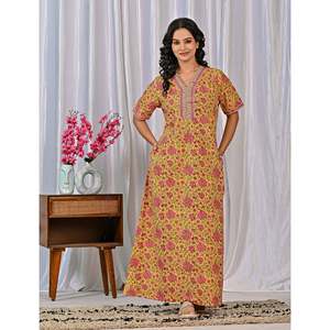 Vestido de Dormir 100% Algodón con Estampado Jaal Hecho a Mano, Camisón Suave Tejido con Diseño Floral y Botones, ODM 3XL para Damas de Honor - Product Image 3