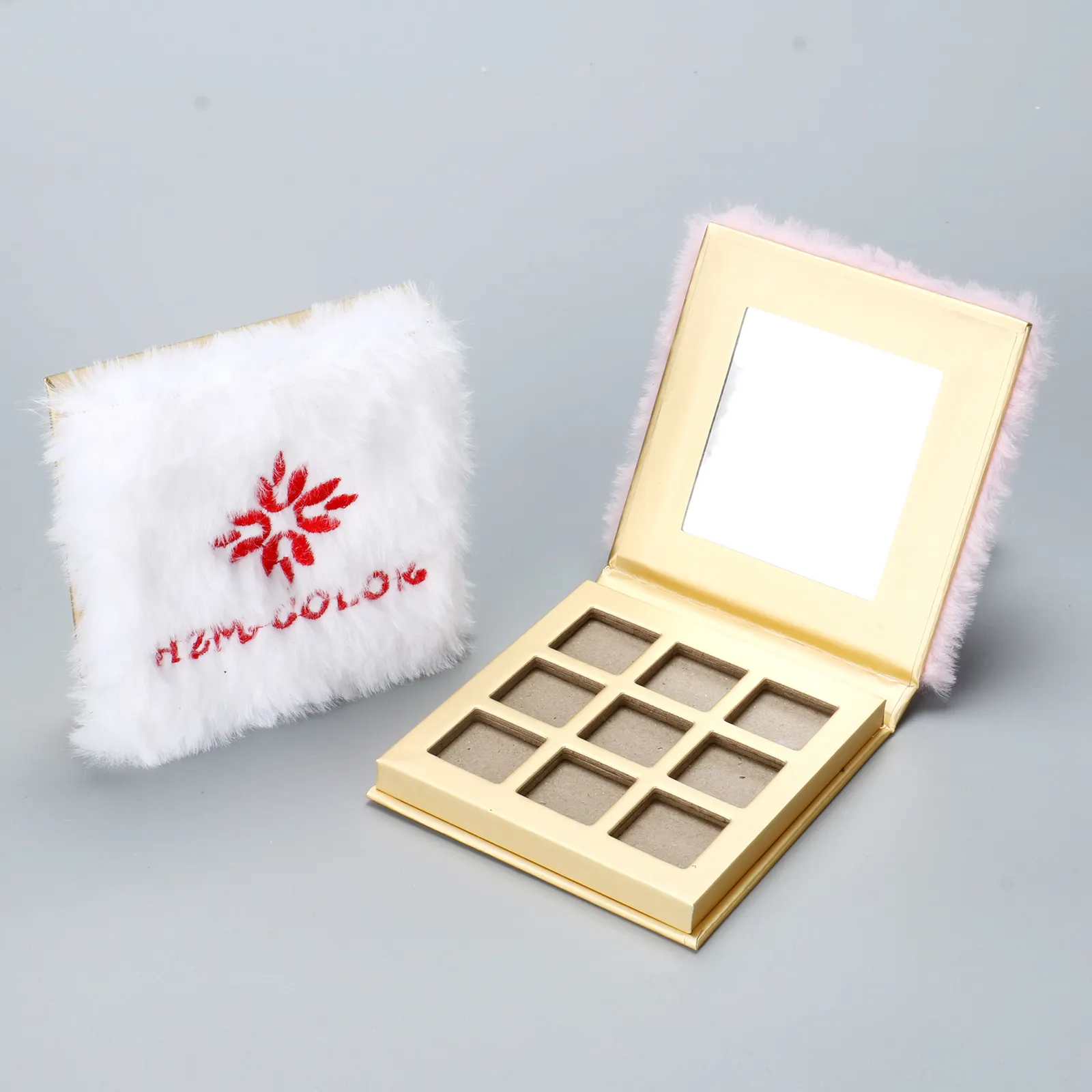 New Design 9 Pans Furry Flannel Makeup Paper Case Packaging Empty Eyeshadow Palette With Mirror