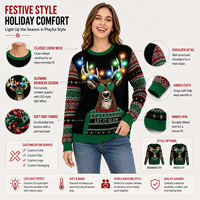Pull de Noël moche FNJIA pour homme et femme, avec rennes lumineux LED et lunettes, en jacquard tricoté, idéal pour les fêtes de fin d'année