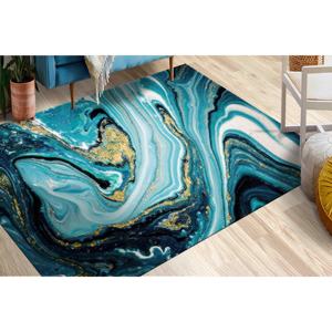 Alfombra Moderna Abstracta con Detalles Dorados y Mármol Azul: Alfombra Impresa, Alfombra de Chenilla - Product Image 1