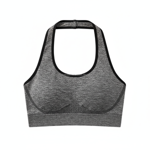 Sexy Halter Neck Sports Bra Heather Grey Yoga Top Sleeveless Backless Workout Gym Bra Contrast Binding Activewear for Women - Product Image 4