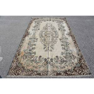 Classic Beige <b>Brown</b> Vintage Turkish Wool Rug 5.5 X 9.2 ft Patchwork Living Carpet Latex for Hallway Bedroom Rectangle Shape - Product Image 1