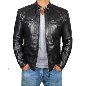Chaqueta de Motociclista de Cuero Natural para Hombre, Cuello Mao, Estilo Casual de Negocios, Forro de Felpa Súper Suave, Cálida y Ecológica - Product Image 2