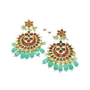 Pendientes de Araña Chapados en Oro con Piedra Monalisa Verde Claro Meenakari, Pendientes Colgantes de Oro de 18K para Bodas con Ágata Principal - Product Image 3