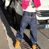 Pantalon en denim vintage taille moyenne bleu pour hommes, jean baggy à jambe droite, jean régulier en coton de haute qualité