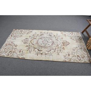 Vintage Turkish Rug 3.6x6.9 ft (110x209 cm), <b>Brown</b> Polka dot <b>Wool</b> Rug - Product Image 4