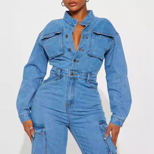 Combinaison en jean 100% coton personnalisée de haute qualité pour femmes, grande taille, manches longues, multi-poches, cargo, respirante, fitness, yoga - Product Image 2