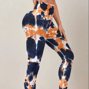 Femmes taille haute pêche hanches corps façonnage Fitness Leggings sans couture cravate-teinture Yoga Leggings avec taille élastique - Product Image 1