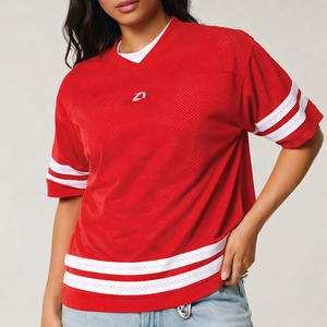 Vente en gros de maillots de football américain unisexes rouges à col en V, manches courtes, t-shirt de sport de haute qualité, 100% polyester, 220g, respirant - Product Image 3