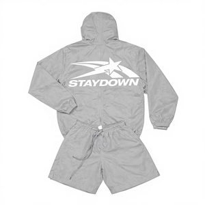 ชุดแจ็คเก็ตและกางเกงขาสั้นกันลมสำหรับผู้ชาย ผลิตตามสั่ง สำหรับฤดูใบไม้ร่วง กันน้ำ กันลม เป็นมิตรกับสิ่งแวดล้อม ระบายอากาศได้ดี น้ำหนักเบา ทำจากไนลอน - Product Image 2