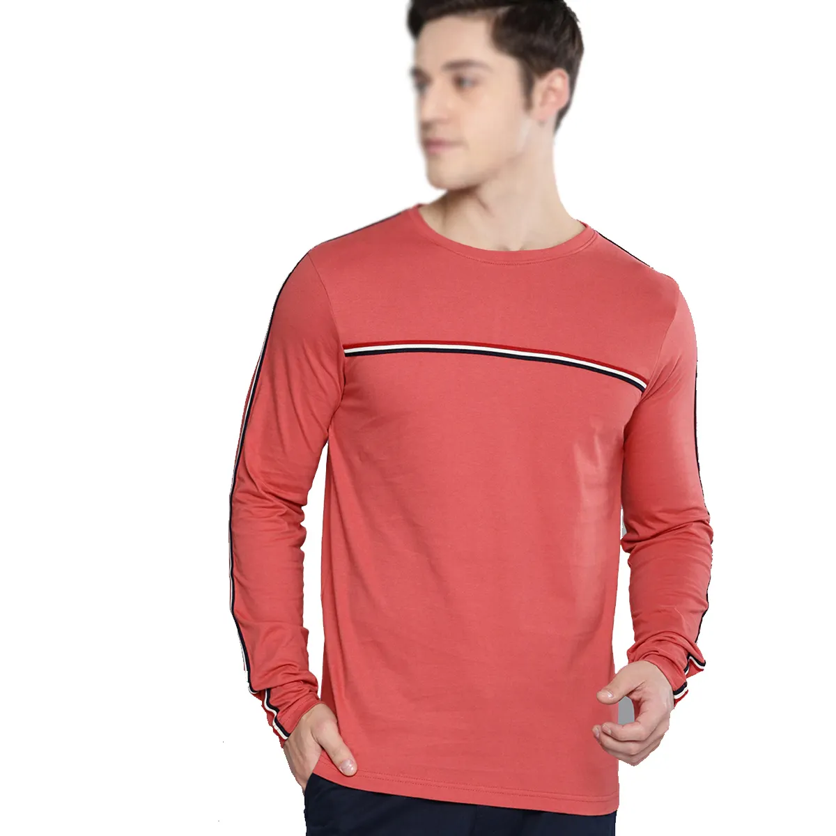 コーラルレッドストライプラウンドネックTシャツ売れ筋トップデザイン卸売価格フルスリーブシャツ