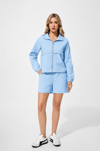 Set da yoga in 2 pezzi, top corto con zip a maniche lunghe, pantaloncini con coulisse in vita, traspirante, tinta unita, manica lunga, abbigliamento sportivo - Product Image 4