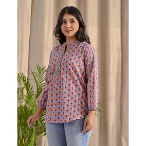 Blusa de Mujer con Estampado Floral Malva, Botones Bordados en la Parte Delantera, Corte Holgado, Tejido de Popelina, Seda y Lino, Talla XL, Estilo Formal - Product Image 6