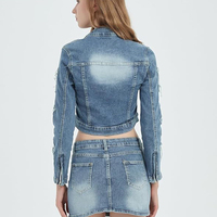 Top qualité femmes bleu lavé longueur courte manches longues veste en jean avec poches et col rabattu applique broderie dessus