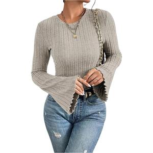 Haut à manches régulières à col rond pour femmes grande taille, respirant, écologique, streetwear, coupe ajustée côtelée, élégant, chemisier pour femmes - Product Image 5