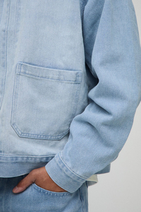 Veste en jean bleu vintage 100% coton sur mesure pour hommes épaule tombante surdimensionnée veste homme hip hop avec logo imprimé DTF - Product Image 2