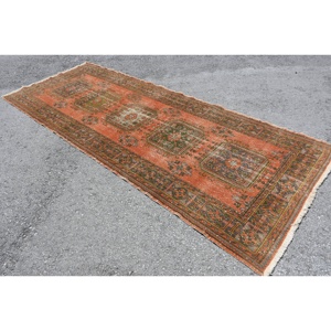 4.5x11.7 ft Turkish <b>Red</b> Ikat Vintage <b>Wool</b> Rug Eco Friendly Patchwork Design with Latex Backing - Product Image 1