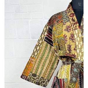 <b>Kantha</b> Pure Cotton Reversible Short Kimono Women's Beige Brown Patchwork <b>Jacket</b> Swimsuit Cover Ups - Product Image 3