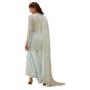 ชุดสูทพาลาซโซสีฟ้าผงเลื่อมสำหรับผู้หญิงเสื้อผ้าชาติพันธุ์ OEM ชุดปาร์ตี้งานแต่งงานออกแบบได้ตามต้องการ - Product Image 5