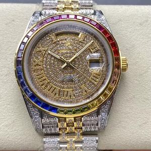 Two-Tone Moissanite <b>Watch</b> with Rainbow Bezel, Roman Dial & Fully Iced Bracelet Luxurious Timepiece for <b>Men</b> in Style - Product Image 1