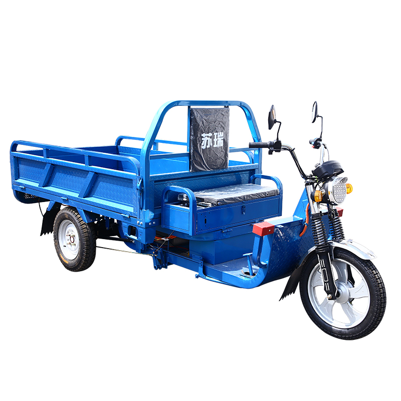 Two Chinese three wheeled electric freight vehicles, electric tricycles, tricycles, delivery tricycles, and motorcycles