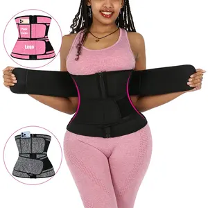 Pink Women Slimming Double Compression 2 Strap Fat Burning Neoprene Waist Trainer Shaper With Belts For Gym