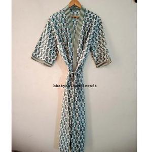 Bloc à main imprimé écologique coton Kimono doux confortable vêtements de nuit Robe de bain été mariée indien Robe de chambre naturel - Product Image 1