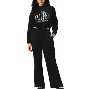 Ensemble de survêtement décontracté pour femme de qualité supérieure, deux pièces, sweat-shirt court à capuche, pantalon de survêtement évasé, motif uni, vêtements d'hiver - Product Image 1