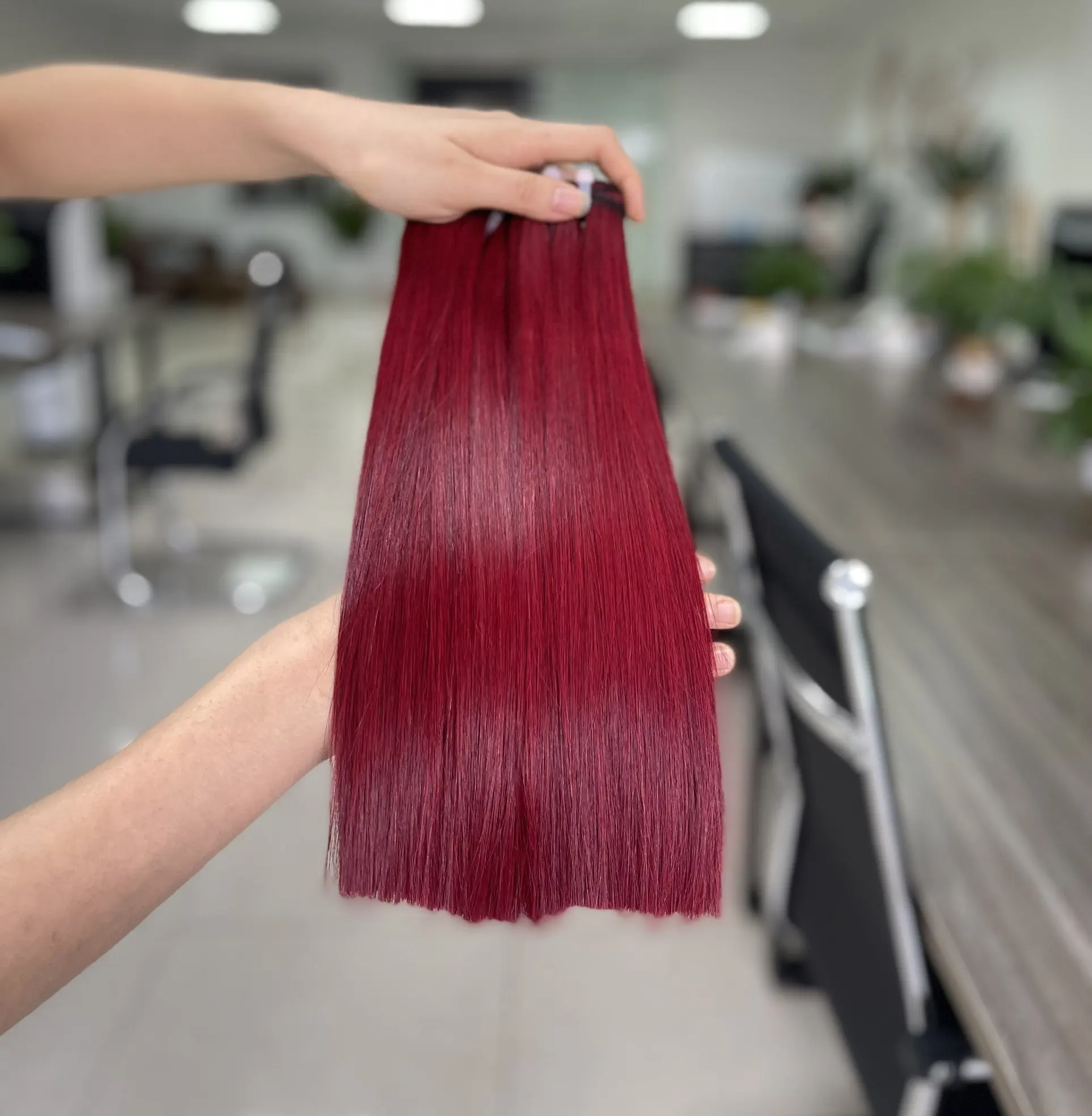 Red Wine Color Bone Straight Weft Hair Extensions No Mix Synthetic No Lice, Super Thick and Silky 100% Human Hair